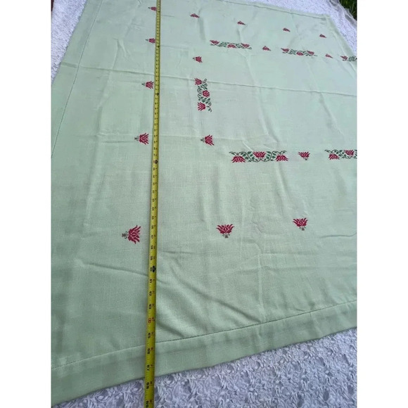58x67 Handmade Needlepoint Cross Stitch Flower Cotton Table Cloth Light Green - Picture 4 of 12